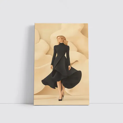 Elegant Black Dress Woman Beige Abstract Background