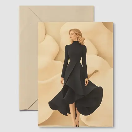 Elegant Black Dress Woman Beige Abstract Background