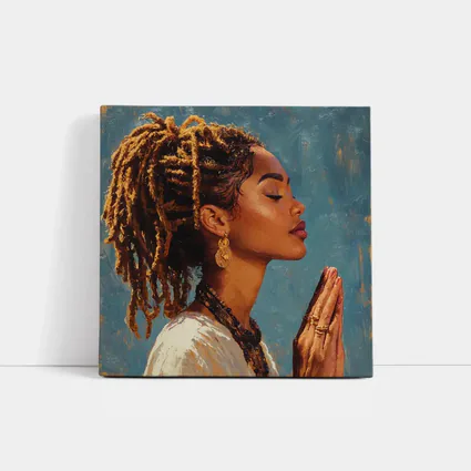 Black Woman Praying Oil Painting Blue Background