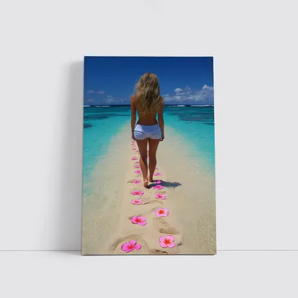 Woman Walking Tropical Beach Pink Plumeria Flowers
