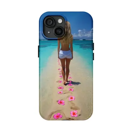 Woman Walking Tropical Beach Pink Plumeria Flowers