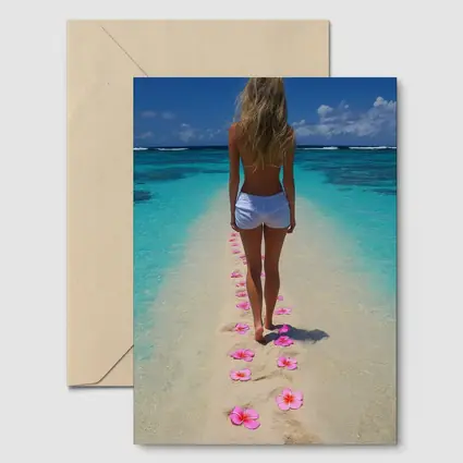 Woman Walking Tropical Beach Pink Plumeria Flowers