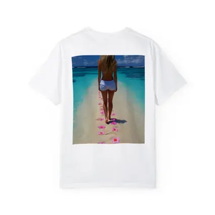 Woman Walking Tropical Beach Pink Plumeria Flowers