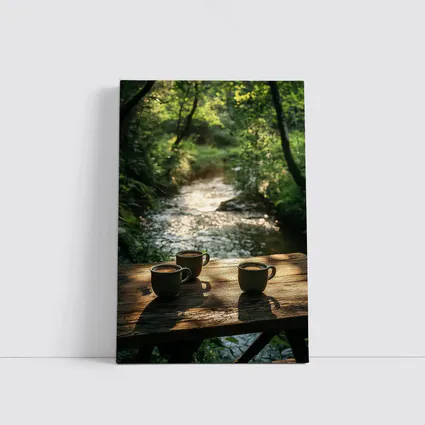 Coffee Cups On Wooden Table Forest Stream