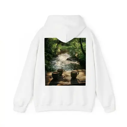 Coffee Cups On Wooden Table Forest Stream