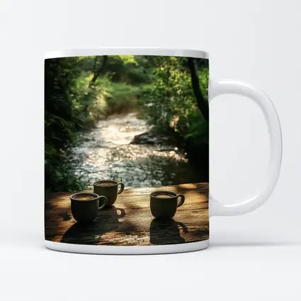 Coffee Cups On Wooden Table Forest Stream
