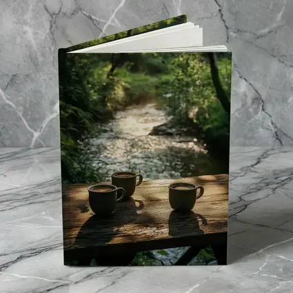 Coffee Cups On Wooden Table Forest Stream