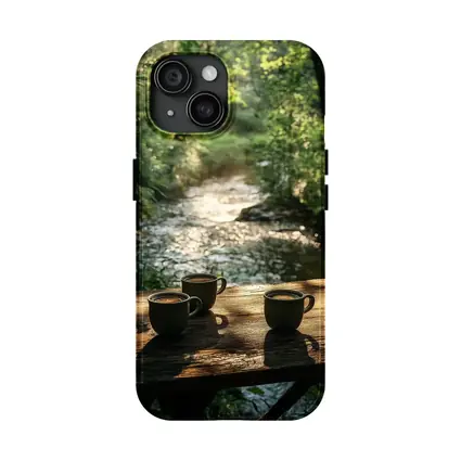 Coffee Cups On Wooden Table Forest Stream