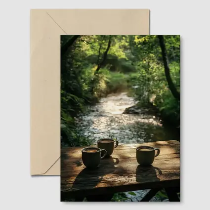 Coffee Cups On Wooden Table Forest Stream