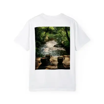 Coffee Cups On Wooden Table Forest Stream