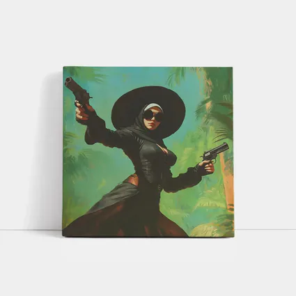 Armed Woman Black Hat Tropical Background