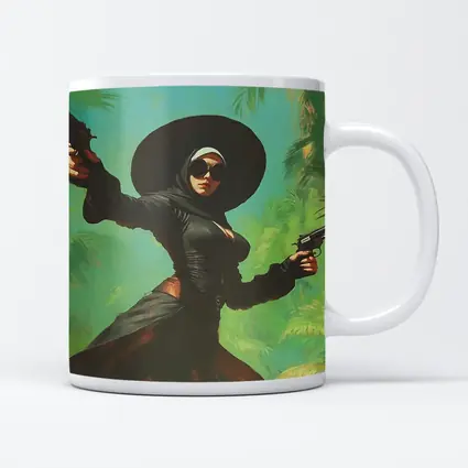 Armed Woman Black Hat Tropical Background