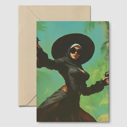 Armed Woman Black Hat Tropical Background