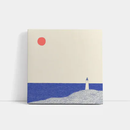 Minimalist Lighthouse Blue Ocean Red Sun
