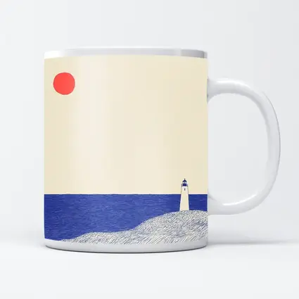Minimalist Lighthouse Blue Ocean Red Sun