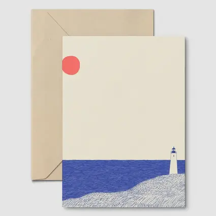 Minimalist Lighthouse Blue Ocean Red Sun