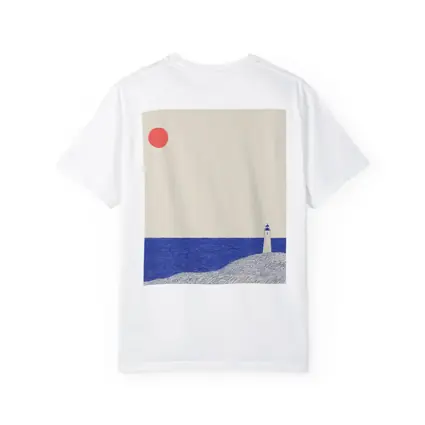 Minimalist Lighthouse Blue Ocean Red Sun