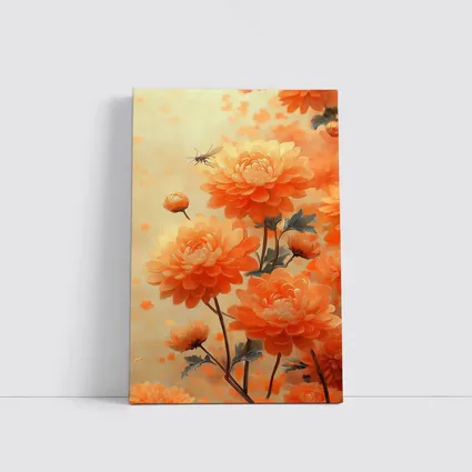 Orange Chrysanthemums With Dragonfly Floral Painting