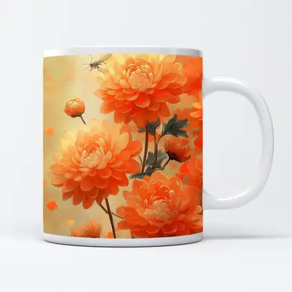 Orange Chrysanthemums With Dragonfly Floral Painting
