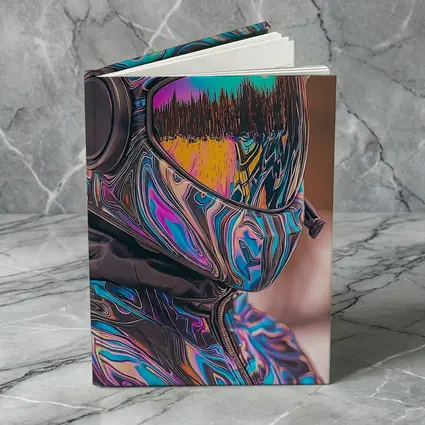 Iridescent Swirl Motorcycle Helmet Rider Portrait