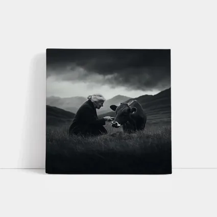 Elderly Woman Feeding Cow Stormy Mountains