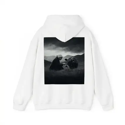 Elderly Woman Feeding Cow Stormy Mountains