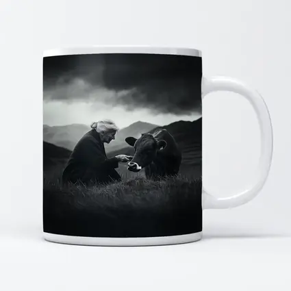 Elderly Woman Feeding Cow Stormy Mountains