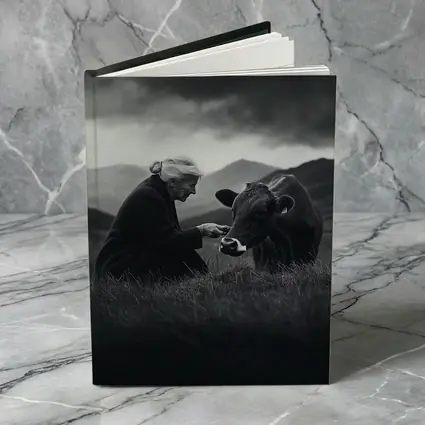 Elderly Woman Feeding Cow Stormy Mountains