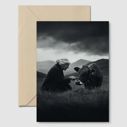 Elderly Woman Feeding Cow Stormy Mountains