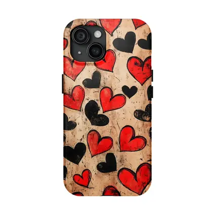 Red Black Hearts Grunge Beige Textured Pattern