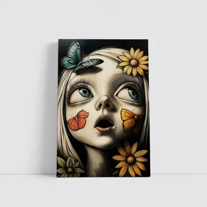 Surreal Girl Portrait Butterflies Sunflowers Dark Background