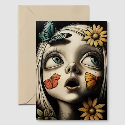 Surreal Girl Portrait Butterflies Sunflowers Dark Background