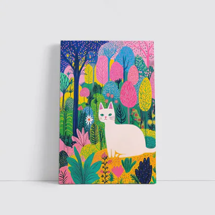 White Cat Colorful Folk Art Forest