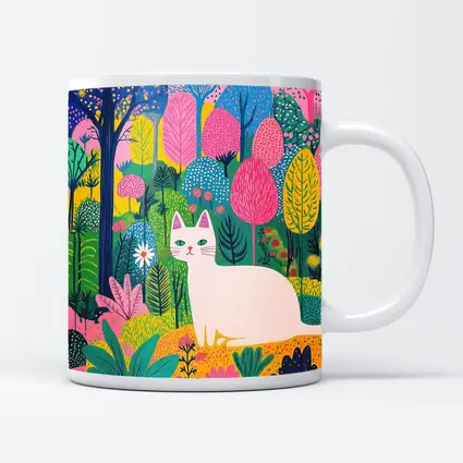White Cat Colorful Folk Art Forest
