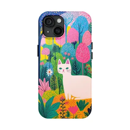 White Cat Colorful Folk Art Forest