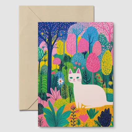 White Cat Colorful Folk Art Forest