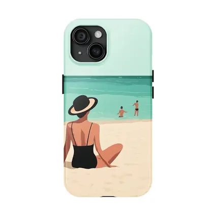 Woman In Hat Sitting On Beach