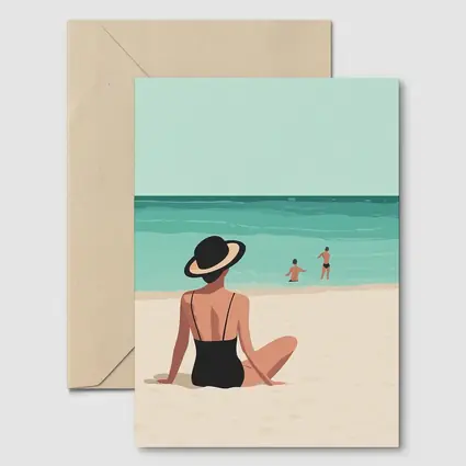 Woman In Hat Sitting On Beach