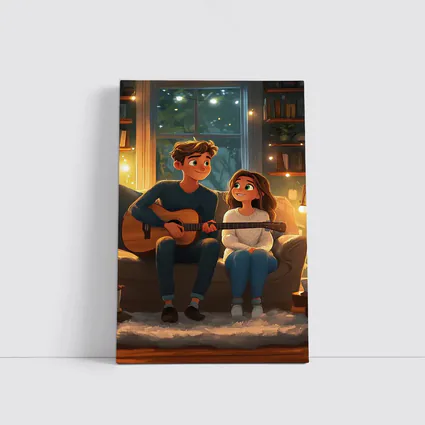 Cartoon Couple Playing Guitar Cozy Room