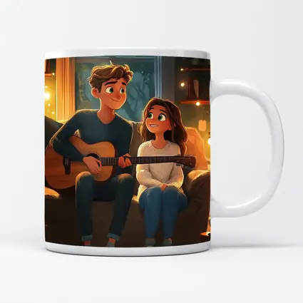 Cartoon Couple Playing Guitar Cozy Room
