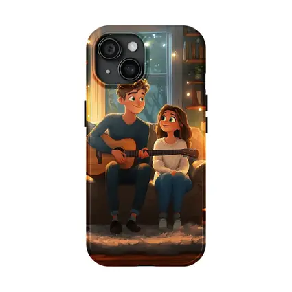 Cartoon Couple Playing Guitar Cozy Room