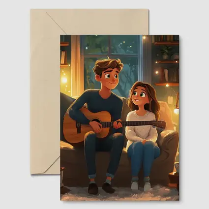 Cartoon Couple Playing Guitar Cozy Room