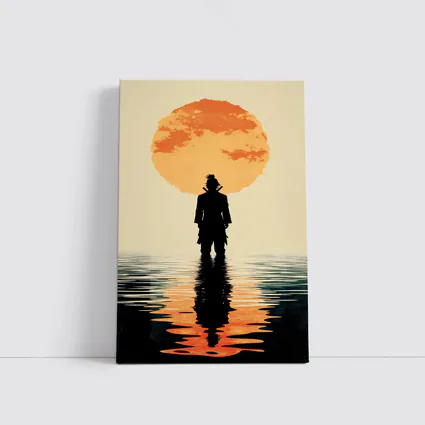 Samurai Silhouette Standing Before Orange Sun