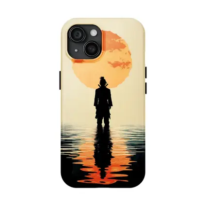 Samurai Silhouette Standing Before Orange Sun