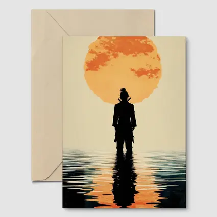 Samurai Silhouette Standing Before Orange Sun