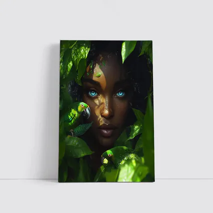 Woman Blue Eyes Parrots Tropical Leaves Art