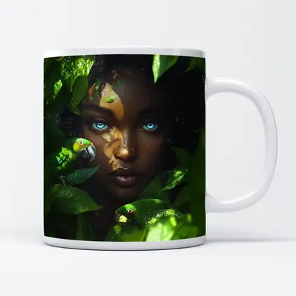 Woman Blue Eyes Parrots Tropical Leaves Art
