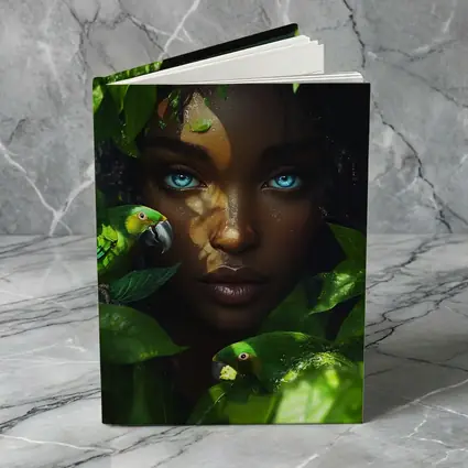 Woman Blue Eyes Parrots Tropical Leaves Art