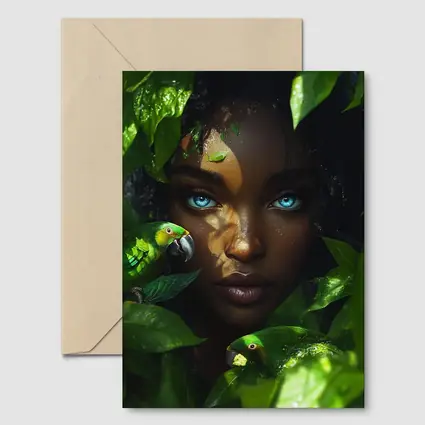 Woman Blue Eyes Parrots Tropical Leaves Art
