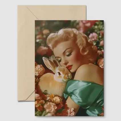 Retro Pin Up Woman With Bunny Flowers